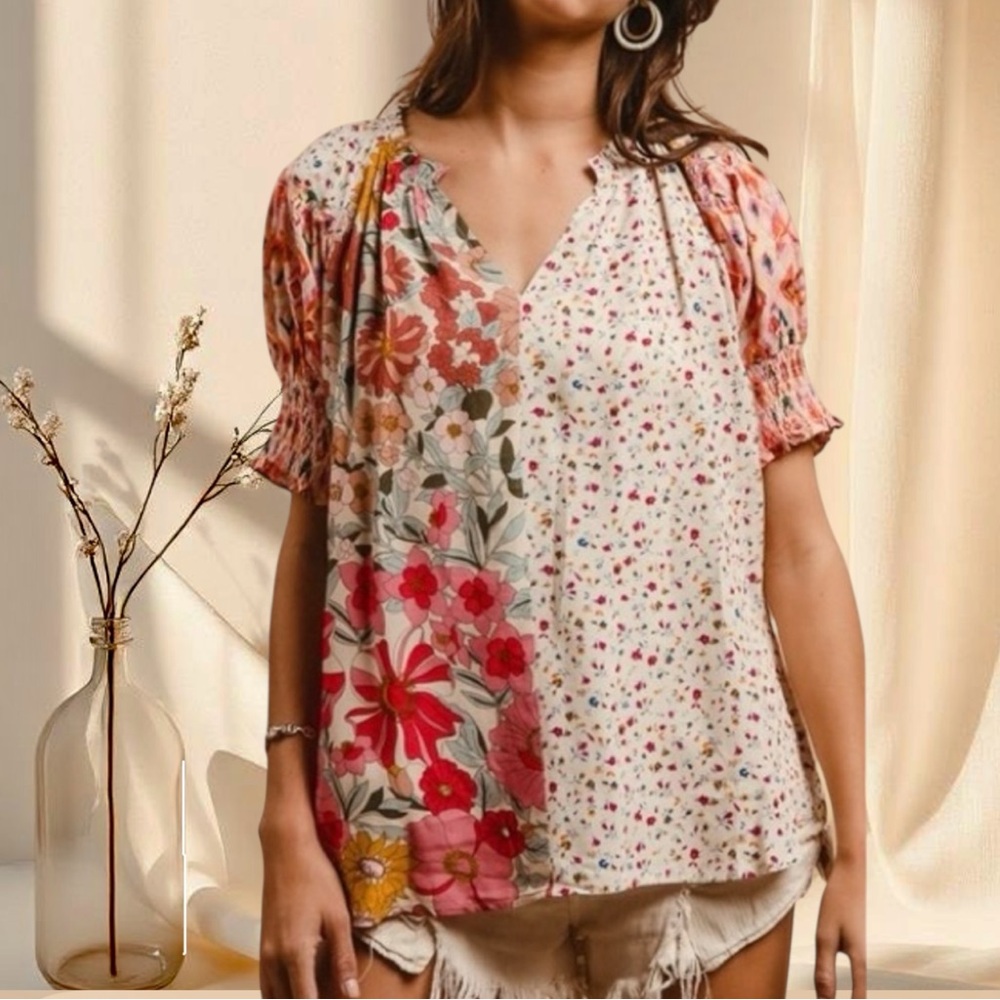Floral Patchwork Boho Peasant Top | Smocked Sleeve Woven Blouse